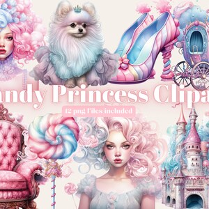 Aquarela Algodão Doce Princesa Clipart - Royal Fantasy Downloads de imagens digitais PNG para confecção de cartões, álbum de recortes, diário de lixo, artesanato