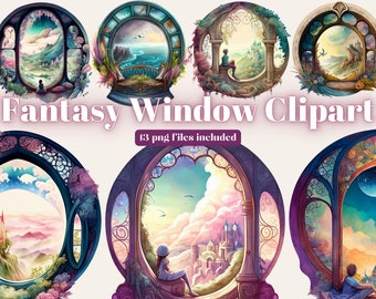 Fantasy Landscape Window Watercolor Clipart, Window clipart, Fantasy clipart, Magic forest Bundle PNG, Fantasy Window, Instant Download