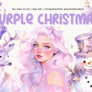 Christmas Clipart Purple Watercolor Purple Christmas PNG Bundle Purple Christmas Stocking PNG Snowman Clipart Christmas Tree Sublimation Art