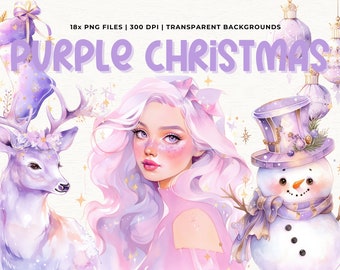 Clipart Noël violet aquarelle Noël violet PNG lot de bas de Noël violet PNG Clipart bonhomme de neige arbre de Noël sublimation art
