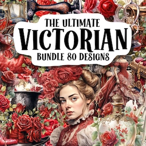 Big Victorian Vintage Red Rose Watercolor Clipart Bundle, Victorian Flowers, Scrapbook, Junk Journal, Paper Crafts Scrapbooking, Sublimation