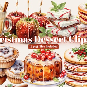 Watercolor Christmas Dessert Clipart, Dessert PNG Bundle, Kawaii Food Clipart, Junk Journal, Digital Paper Craft, Sublimation, Christmas PNG