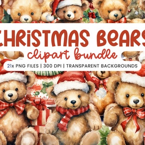 Aquarelle Noël ours en peluche Clipart, 19 PNG vacances ours en peluche Clipart, Noël ours en peluche PNG, Noël ours PNG, usage Commercial image 1