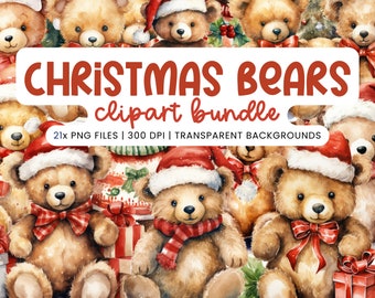 Watercolor Christmas Teddy Bear Clipart, 19 PNG Holiday Teddy Bear Clipart, Christmas Teddy Bear PNG, Christmas Bear PNG, Commercial Use