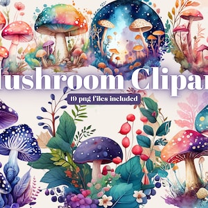 Watercolour Magic Mystical Mushrooms clipart Bundle, Occult mushrooms, stars, planets, dreamy clipart, trippy, occult
