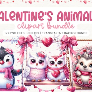 Valentines Animals On Swings Collection Clipart, 12 PNG Valentines Day Clipart, Romantic Animal PNG, Valentines Day Bundle, Commercial Use
