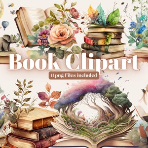 Watercolor Fantasy Books Clipart, Open Book Clip Art, Book Bundle PNG, vintage books stack, library clip art, old books, Magic Books