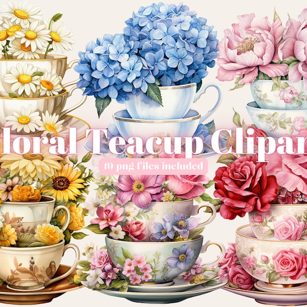 Set of 19, Watercolor Vintage Teacup Clipart, Tea Time art, Flower Teacup Png, Scrapbook, Junk Journal, Digital Art, Sublimation,Digital PNG