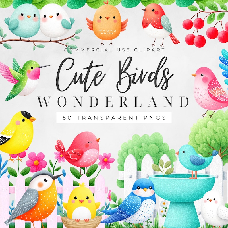 A cute bird clipart bundle featuring 50 colorful watercolor PNGs, perfect for spring projects, nursery decor, and commercial use.