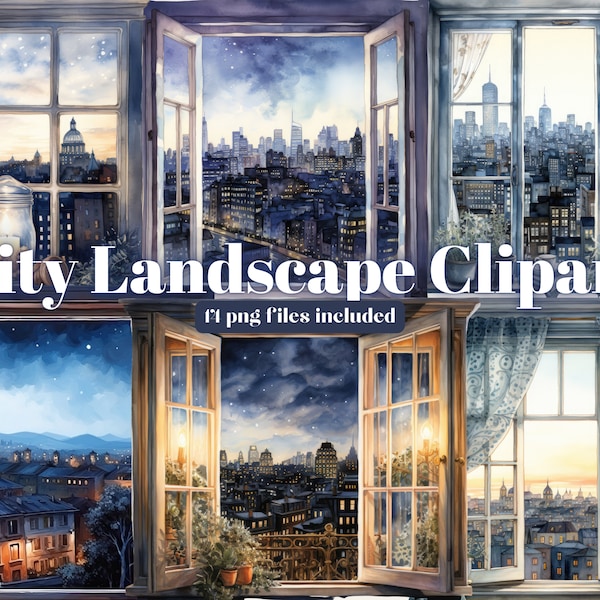 City Night Window Watercolor Clipart, City Window clipart, Streetlights, Watercolor Bundle PNG, Fantasy Window, Instant Download