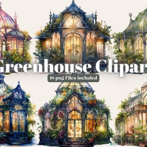 Clipart de estufa encantada em aquarela, 18 arquivos PNG de alta qualidade, clipart de jardim, clipart de plantas, decoração cottagecore, gráficos para impressão