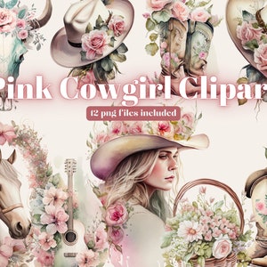 Aquarell Pastell Cowgirl Clipart - Wild Western PNG digitale Bild-Downloads für Card Making, Scrapbook, Junk Journal, Paper Crafts
