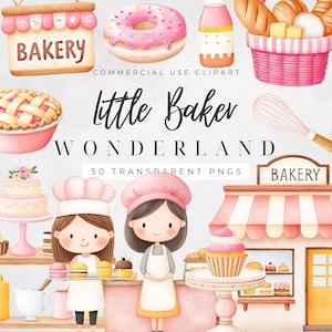 May include: Watercolor illustration featuring bakery-themed elements. Includes a pink donut, a pie, a basket of bread, and a bakery sign. The text "Little Baker Wonderland" is displayed, along with two cartoon bakers and a cupcake.
