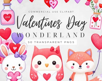 Puede incluir: Un conjunto de imágenes prediseñadas digitales con temática de San Valentín que presenta un conejito, un búho y un zorro, cada uno sosteniendo un corazón o una carta de amor. La imagen incluye globos en forma de corazón, guirnaldas y una botella con la palabra "LOVE".