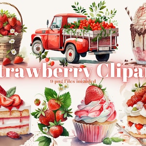 Watercolour Strawberries Clipart - Strawberry Farm PNG Digital Image Downloads for Card Making, Scrapbook, Junk Journal, Paper Crafts