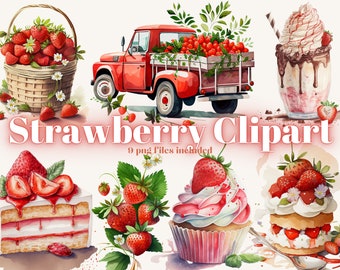 Watercolour Strawberries Clipart - Strawberry Farm PNG Digital Image Downloads for Card Making, Scrapbook, Junk Journal, Paper Crafts