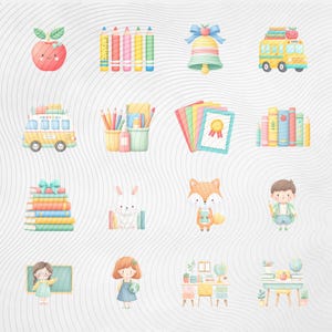 May include: Watercolor illustrations of school-themed objects, including a red apple, colorful pencils, a school bell, a yellow school bus, and stacks of books. Other images include a bunny, a fox, and children.