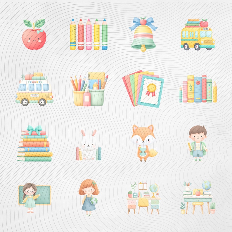 May include: Watercolor illustrations of school-themed objects, including a red apple, colorful pencils, a school bell, a yellow school bus, and stacks of books. Other images include a bunny, a fox, and children.