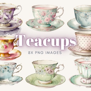 Acquerello Vintage Teacup Clipart - Antique Tea Time PNG Download di immagini digitali per la creazione di carte, Scrapbook, Junk Journal, Paper Crafts