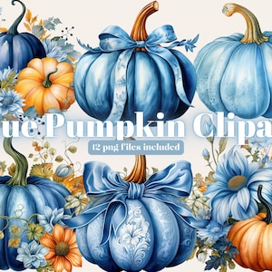 Autumn Pumpkin Watercolor Clipart, Fall Blue Pumpkin Clipart PNG, Fall Clipart, Paper craft - Junk Journal, Scrapbooking, Floral Pumpkin Png