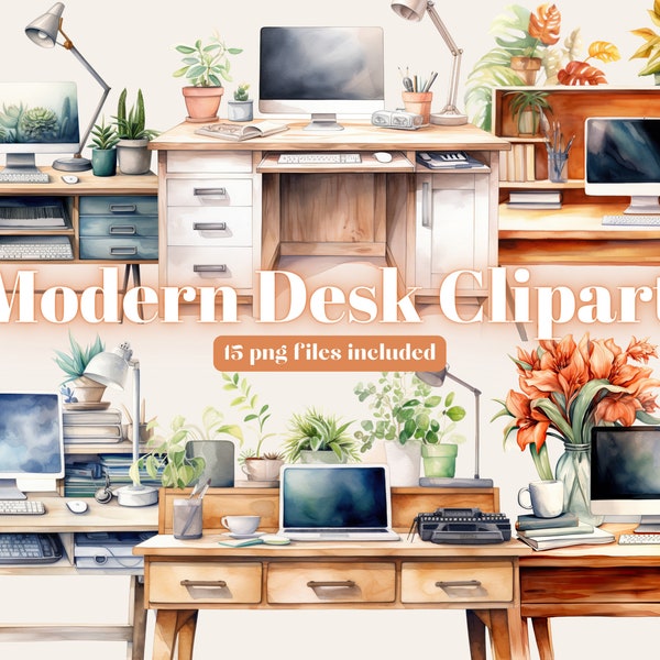 Watercolor desk with computer clipart, 15 High quality JPEG and PNG files, home office, work from home, cozy office with plants