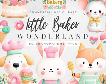 Imágenes prediseñadas de panadero pequeño, gráficos de repostería para uso comercial, 50 lindas ilustraciones de chef, descarga digital de cocina