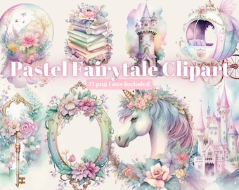 Watercolour Pastel Fairytale Clipart - Unicorn Fantasy PNG Digital Image Downloads for Card Making, Scrapbook, Junk Journal, Paper Crafts