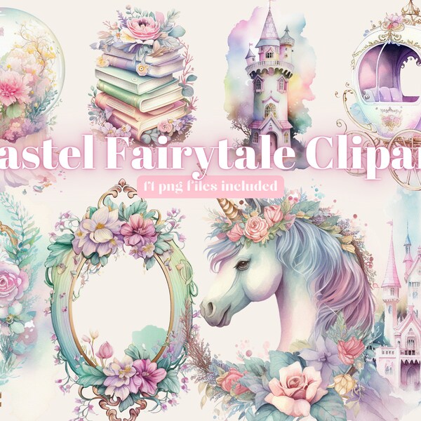 Aquarel Pastel Fairytale Clipart - Unicorn Fantasy PNG Digital Image Downloads voor het maken van kaarten, Scrapbook, Junk Journal, Paper Crafts