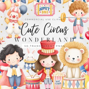 Puede incluir: Una colección de ilustraciones de imágenes prediseñadas con temática de circo. La imagen presenta un payaso, un hombre fuerte, un maestro de ceremonias, un león y otros elementos de circo. El texto incluye "Cute Circus Wonderland", "Admit One" y "Pop Corn".