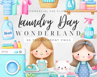 Laundry Day Clipart PNG, Cute Watercolor Cleaning Graphics, Washing Machine Clipart, Commercial Use Digital Art