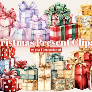 Christmas Gifts Watercolor Clipart, Christmas presents Clipart PNG, Christmas png Clipart, Paper craft Junk Journal, Scrapbooking zdjęcie 1