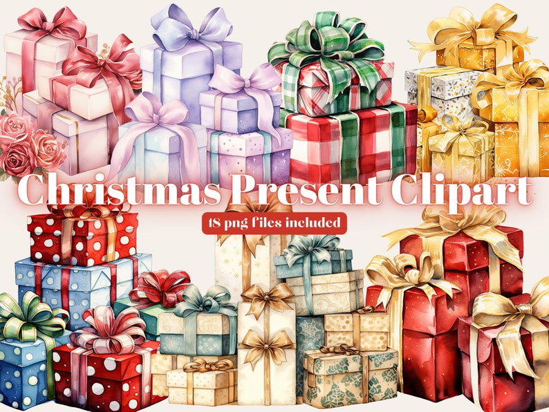 Christmas Gifts Watercolor Clipart, Christmas presents Clipart PNG, Christmas png Clipart, Paper craft Junk Journal, Scrapbooking zdjęcie 1