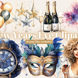 New Years Eve Party Clipart, DIGITALE DOWNLOAD, 2024 New Years Aquarel Bundel, Groovy Nieuwjaar, Zwart & Goud, Champagne Commercieel Gebruik PNG
