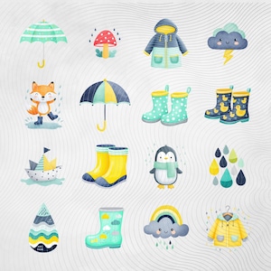 Pacchetto di clipart per giornate di pioggia, simpatici animali meteorologici PNG, clipart per bambini con pioggia, download digitale per uso commerciale immagine 3