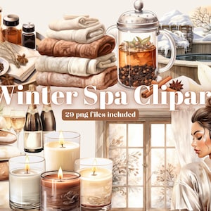 Aquarel gezellige Winter Spa clipart bundel, romantische winter Cottagecore clip art PNG, zelfzorg, ontspanning, retraite me tijd commercieel gebruik