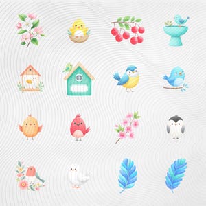 May include: A collection of watercolor illustrations featuring birds, birdhouses, flowers, and cherries. The birds are depicted in various colors, including blue, yellow, and red. The illustrations have a whimsical and cheerful aesthetic.