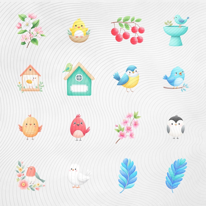 May include: A collection of watercolor illustrations featuring birds, birdhouses, flowers, and cherries. The birds are depicted in various colors, including blue, yellow, and red. The illustrations have a whimsical and cheerful aesthetic.