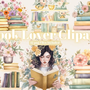 Bookworm Reading Watercolor Clipart, Library Interior Room, Favourite Place, Books Bundle PNG, Book Reading, Instant Download