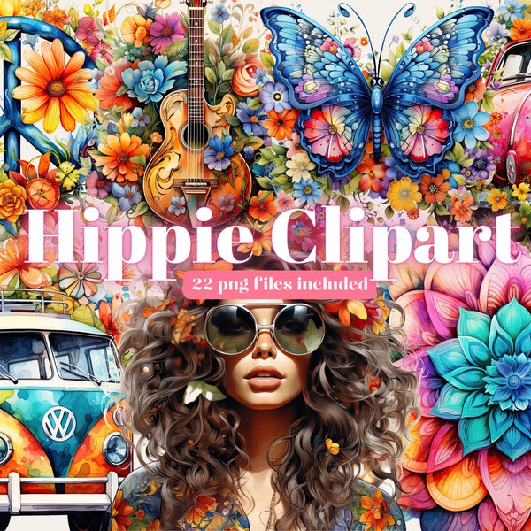 Hippie-illustraties | Retro Clipart | 60's 70's Groovy Boho Clipart | Flowerpower | Waterverf | Commercieel gebruik | Digitaal downloaden | png