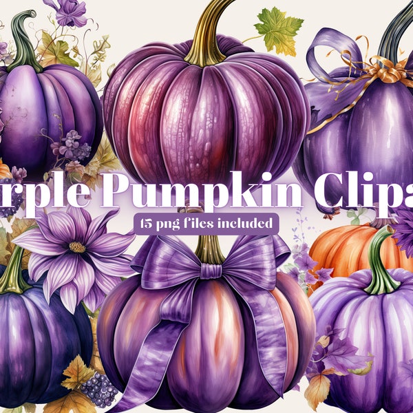 Autumn Pumpkin Watercolor Clipart, Fall Purple Pumpkin Clipart PNG, Fall Clipart, Paper craft - Junk Journal, Scrapbooking, Floral Pumpkin