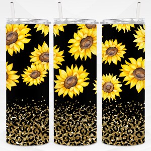 Sunflowers Tumbler Designs, Glitter Leopard 20oz Skinny Tumbler Wrap, Seamless Glitter Tumbler Template - PNG Digital Download