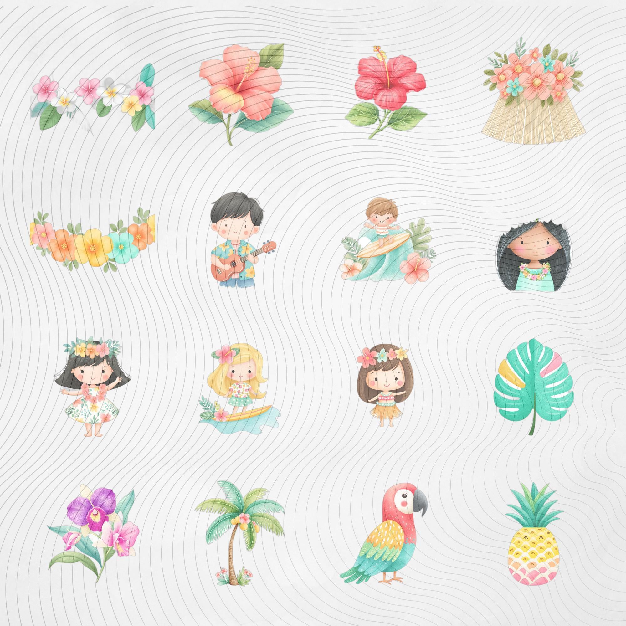 Cute Hawaii Clipart Bundle, Tropical Aloha PNG, Hawaiian Kids, Hibiscus ...