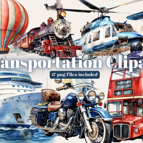 Clipart transport | Clipart voitures aquarelle | Ensemble de cliparts de transport | Clipart de véhicule | Conception de sublimation de transport PNG