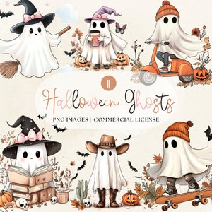 Watercolor Cute Halloween Ghost Clipart Bundle, Pastel Spooky Clip Art, Pumpkin Clipart, Kids Halloween PNG, Cute Little Ghost, Mummy
