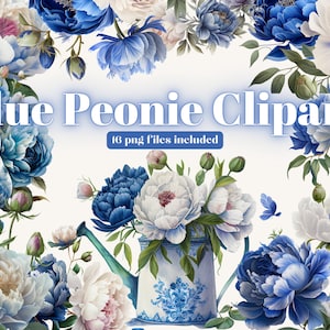 15 Blaue & weiße Pfingstrosen Clipart, PNG, voll kommerzielle Nutzung, Aquarell Blumen Clipart mit sofortigem Download