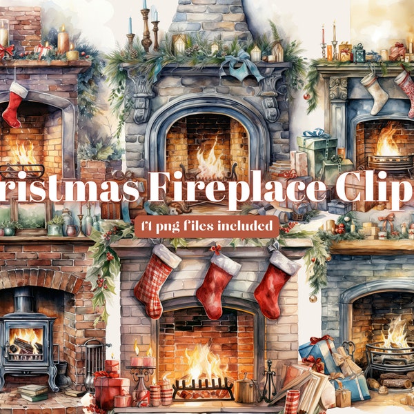 Watercolor Christmas Fireplace clipart, 14 high quality JPEG and PNG files, Christmas decoration clip art, card making, scrapbooking