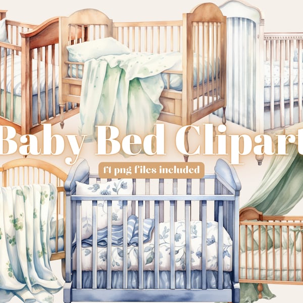 Watercolor baby bed clipart, 14 high quality PNG files, Baby crib clip art, nursery furniture graphics, printables, Baby Cot Png