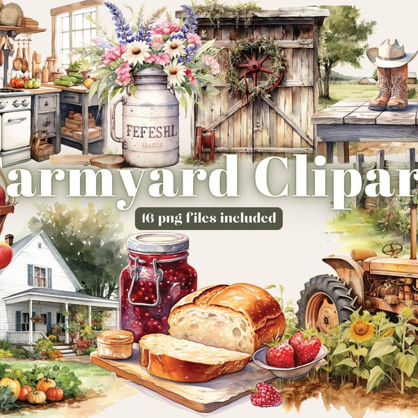 Watercolor Farmyard Clipart | Farmhouse Clipart | Barn Fence Clipart | Rustic Farm PNG | Farm Clipart | Farm Landscape | Barn Silo