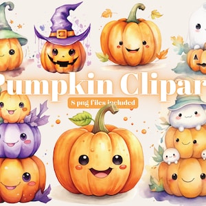 Pumpkin Clipart, Watercolor Pumpkin Clipart, Autumn Clip Art, Pastel Pumpkins, Kawaii Pumpkin, Paper craft - Junk Journal, Scrapbooking
