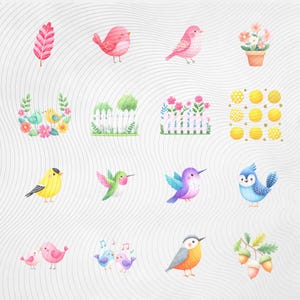 May include: A collection of watercolor illustrations featuring various birds, flowers, and decorative elements. The birds are depicted in vibrant colors, including pink, yellow, blue, and purple. Other elements include a feather, a flower pot, and acorns.
